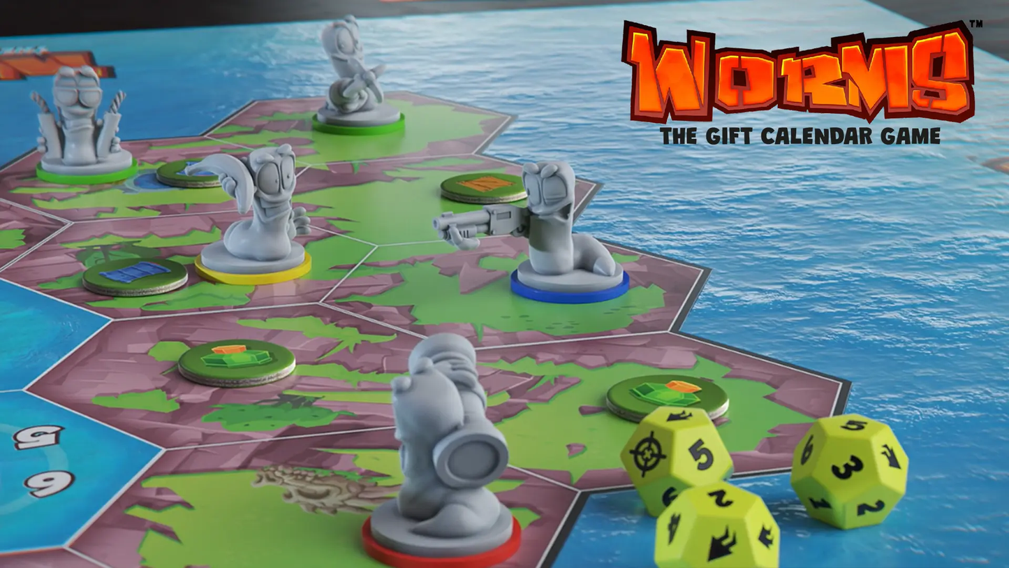 Grey Worms miniatures holding weapons on a hexagonal board game map, with dice and the "Worms" title