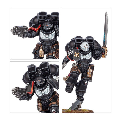 Black armored Space Marine miniature shown in three views: aiming a pistol and advancing while wielding a sword