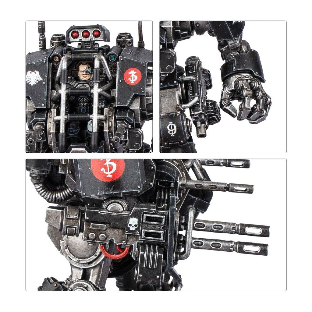 Close-up of a sci-fi armored walker miniature with a visible pilot, heavy torso cannons, and power fist