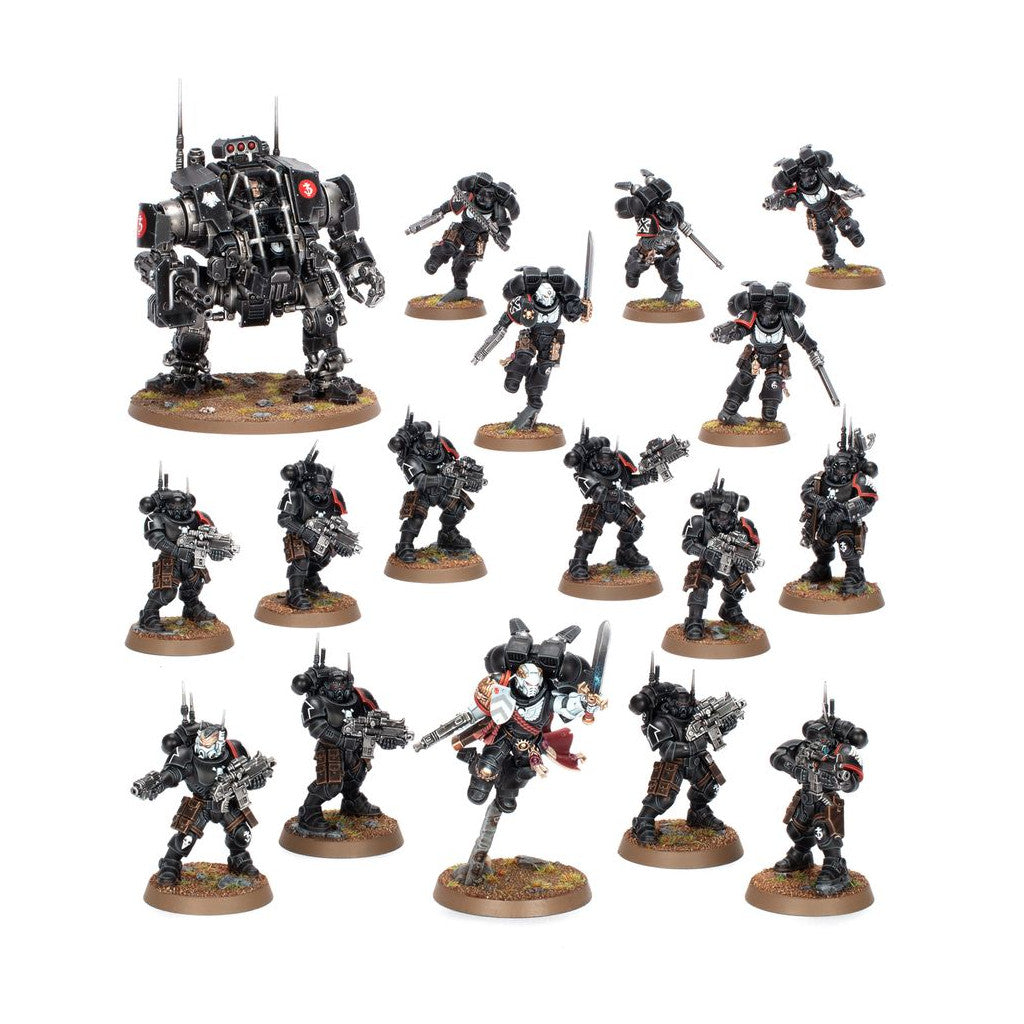 Black wargaming models set featuring a large combat walker and fifteen armored infantry figures