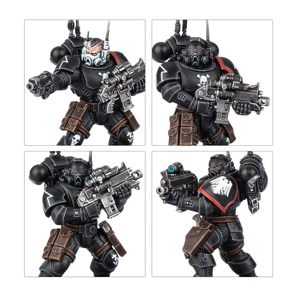 Grid of four black armored Space Marine miniatures holding tactical weapons