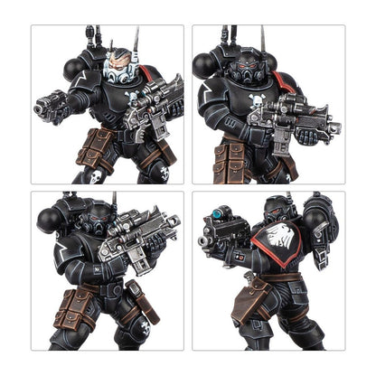 Grid of four black armored Space Marine miniatures holding tactical weapons