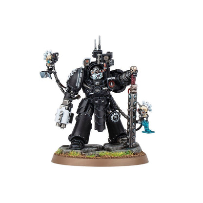 Black Space Marine Terminator miniature planting a staff weapon, flanked by two floating servo-skulls