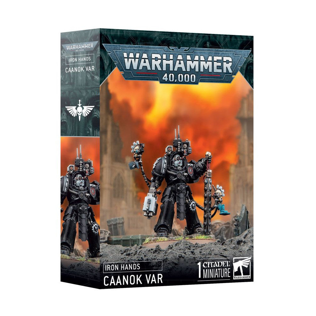 Warhammer 40k Iron Hands Caanok Var miniature box. Black Terminator armored Space Marine holding a skull staff