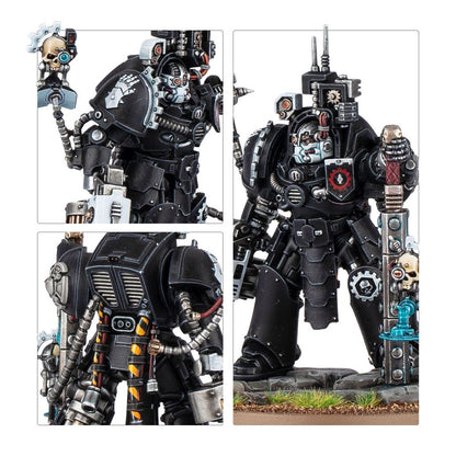 Detailed view of a heavily augmented black armored miniature figure standing, holding a large mechanical weapon