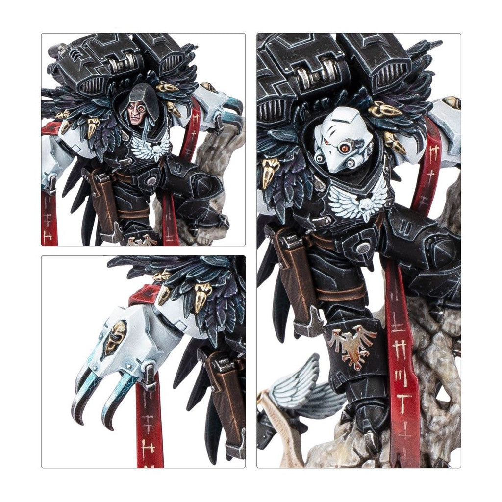 Detailed Warhammer 40k miniature of an armored warrior in black and white, featuring a hooded cowl, jump pack, and claw