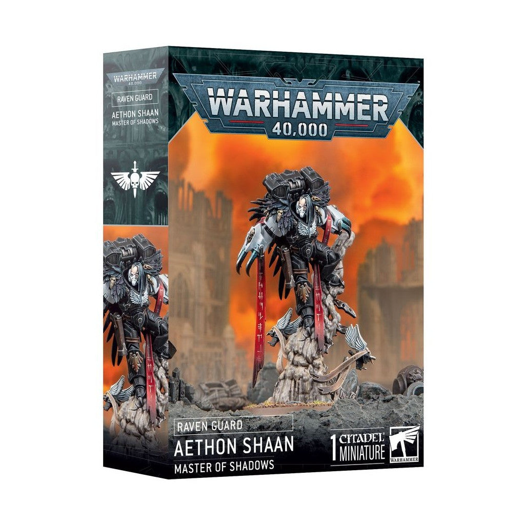 Warhammer 40k box featuring the Raven Guard Citadel Miniature, Aethon Shaan, Master of Shadows, in black power armor