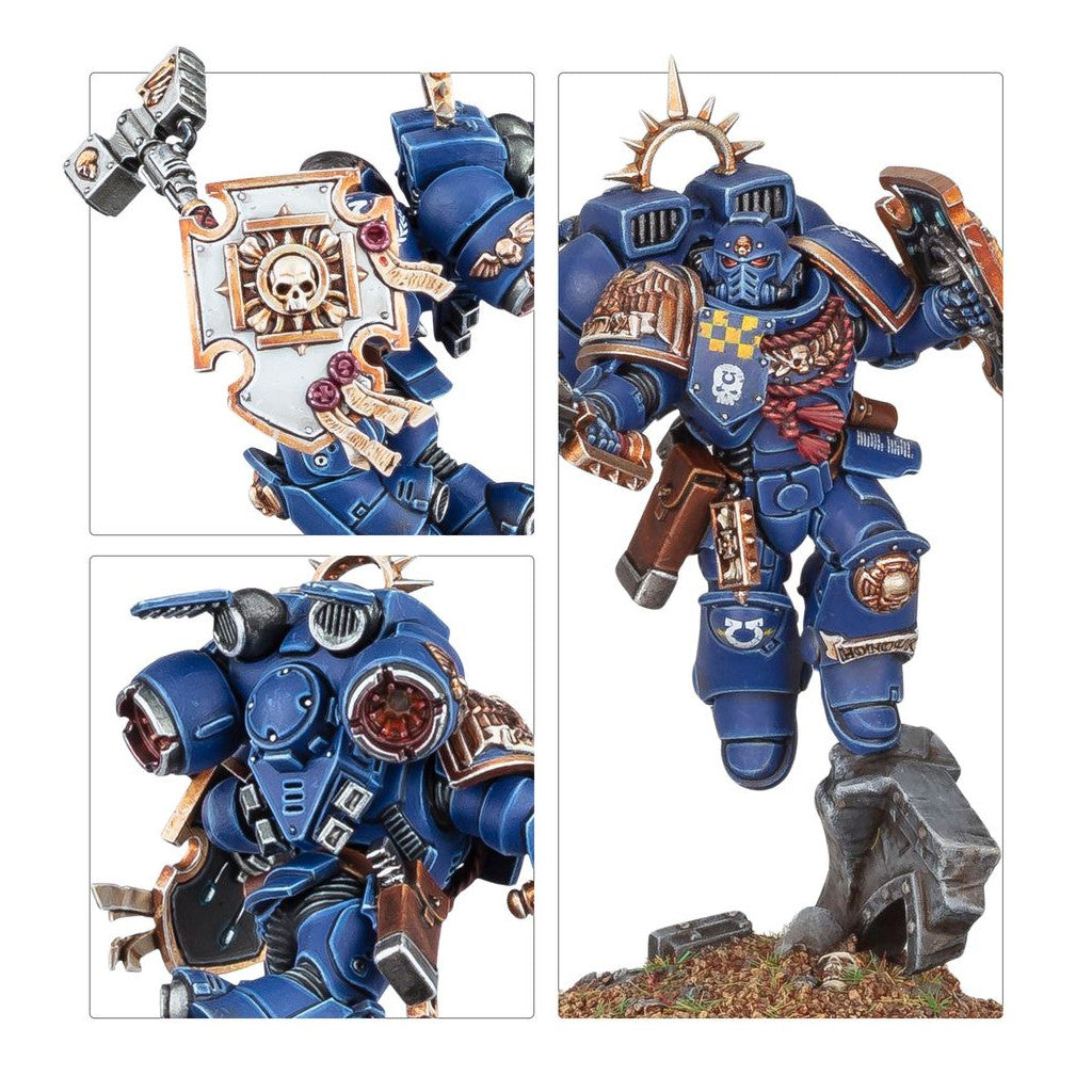 Blue Space Marine heavy armor miniature holding a large shield and weapon, shown in multiple close-up views