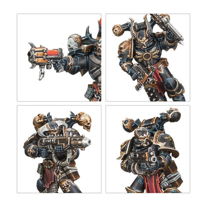 Four close-up views of painted Chaos Space Marine miniatures in black and bronze armor holding weapons