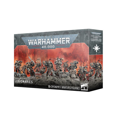 Warhammer 40,000 Chaos Space Marines Legionaries miniatures kit box art, showing 10 dark-armored figures on ruins