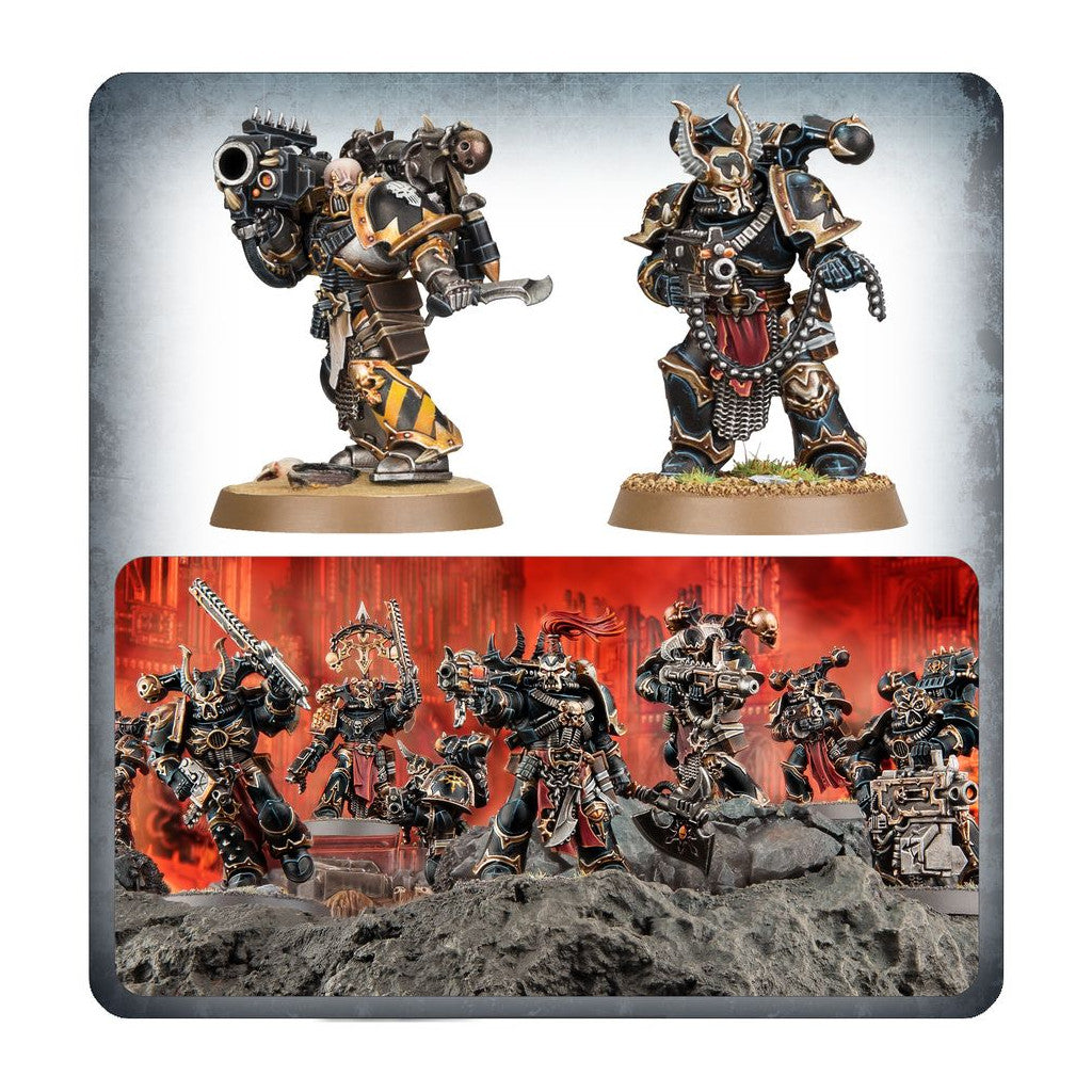 Warhammer 40K miniatures display: two detailed Chaos Space Marine models and a squad on a fiery battlefield