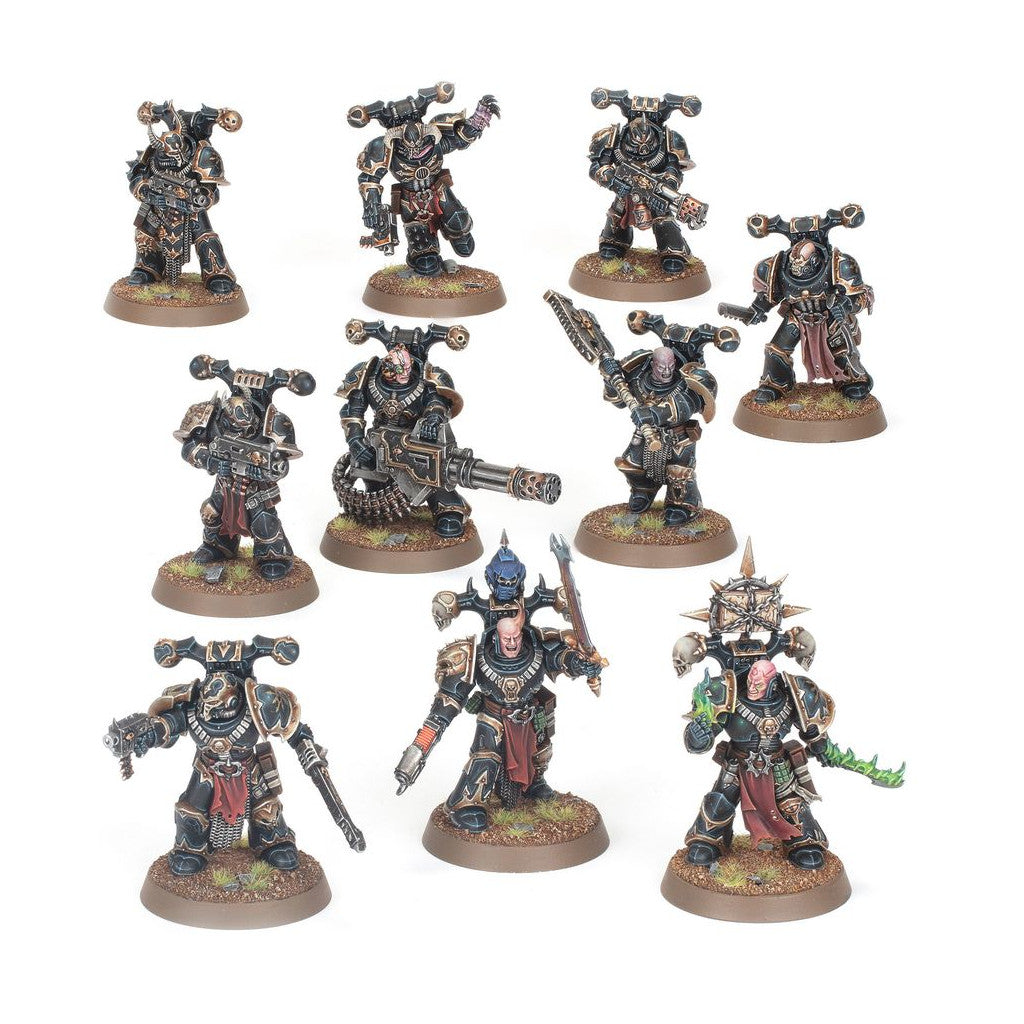 Ten painted miniature Chaos Space Marines, armed with heavy weapons, standing in black and gold power armor