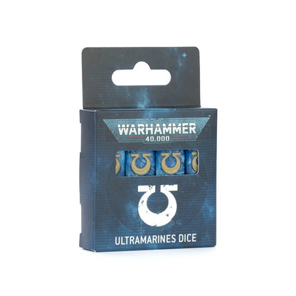 Warhammer 40K Ultramarines dice set in box, Blue dice with the gold Omega symbol are visible