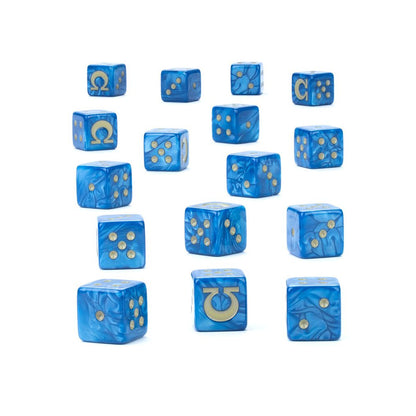 A set of blue marbled D6 dice with gold pips, The number six face is replaced by a gold Omega symbol