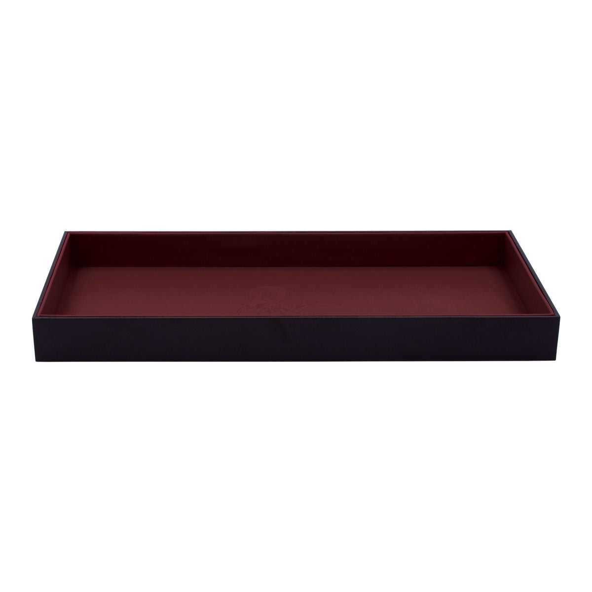 A long, shallow black rectangular tray with a burgundy interior and an embossed octopus design on the bottom