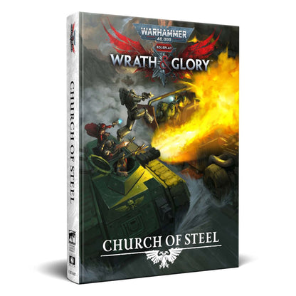 Warhammer 40k 'Church of Steel' RPG cover: Space Marine jumps over a tank in a fiery battle
