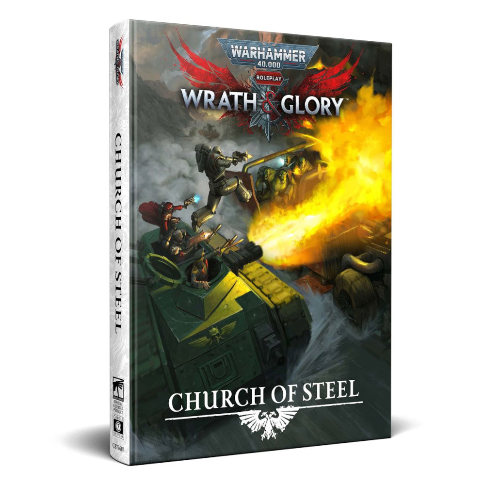 Warhammer 40k 'Church of Steel' RPG cover: Space Marine jumps over a tank in a fiery battle