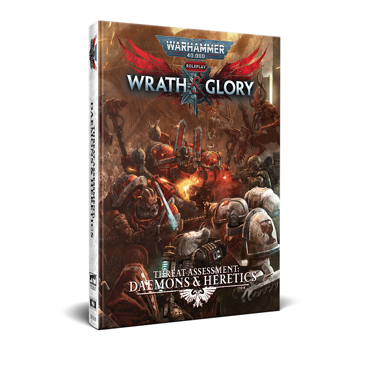 Warhammer 40,000 Wrath & Glory RPG book cover for "Daemons & Heretics", showing Space Marines fighting daemons