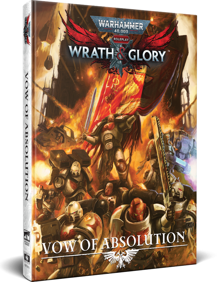 Warhammer 40,000 Roleplay 'Vow of Absolution' cover: Space Marines, one with sword and banner, battle in fire