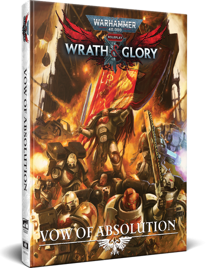 Warhammer 40,000 Roleplay 'Vow of Absolution' cover: Space Marines, one with sword and banner, battle in fire