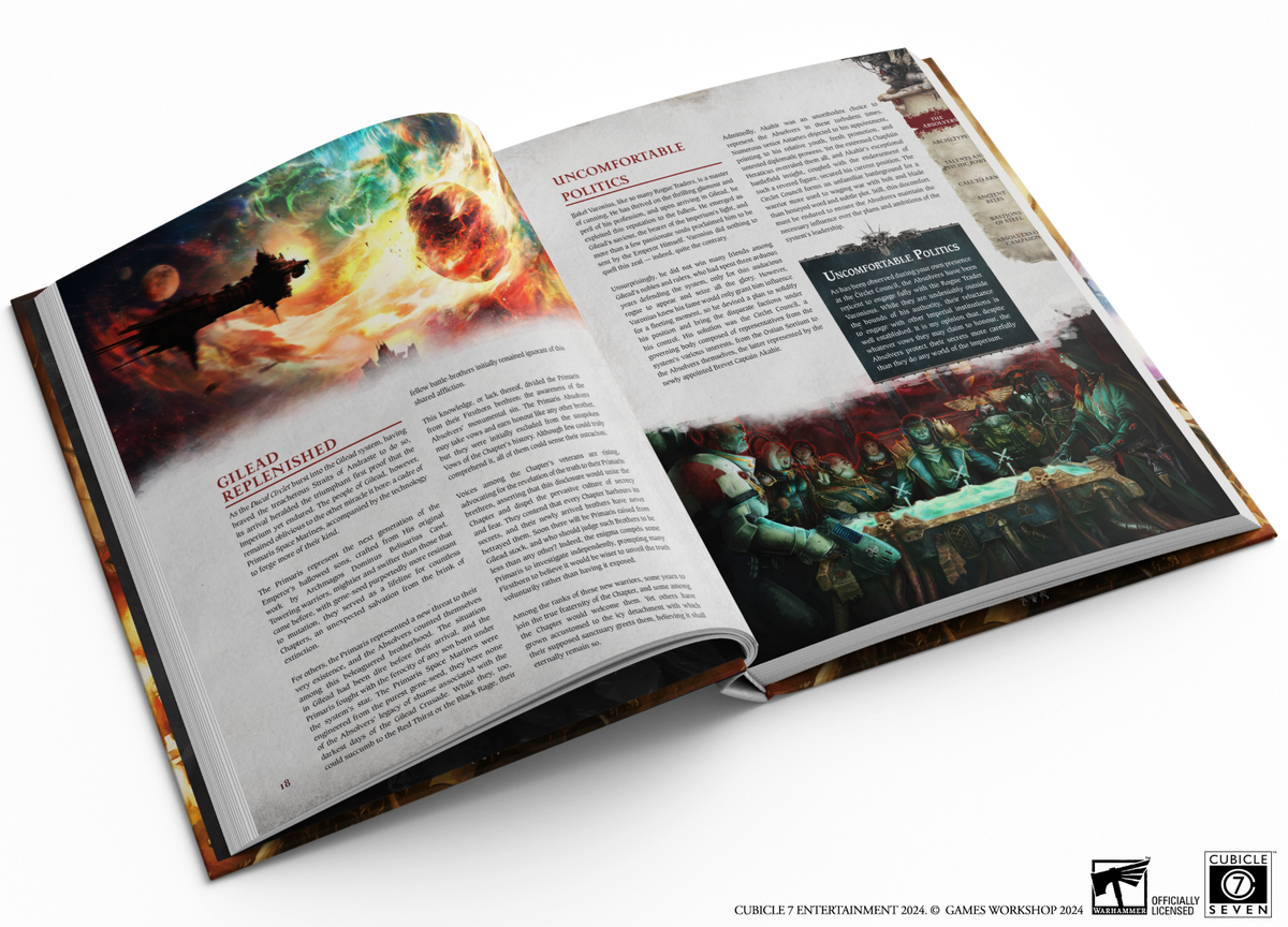 An open Warhammer 40,000 book displays vibrant sci-fi art: a spaceship exploding on the left, and robed figures over a glowing body on the right