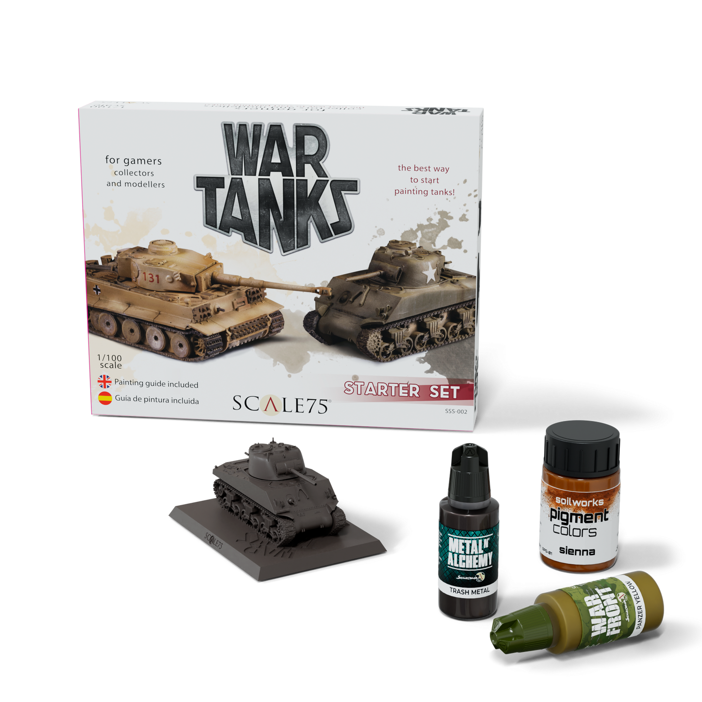 A War Tanks Starter Set box with painted tank models, an unpainted tank model, and three bottles of paint