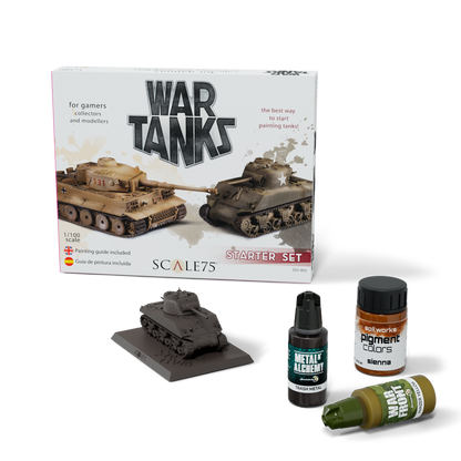 A War Tanks Starter Set box with painted tank models, an unpainted tank model, and three bottles of paint