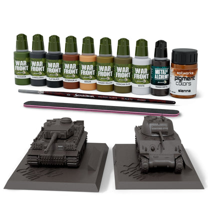 A Scale 75 1_100 Scale Figures War Tanks Starter Set featuring two gray tank models, a brush, a sanding file, and various bottles of modeling paint