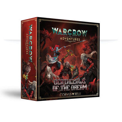 Warcrow Adventures: Deathclaws of the Dream board game box. Cover art depicts fantasy heroes battling red, demonic figures