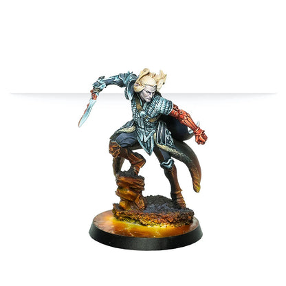 Painted fantasy miniature of a blonde warrior in scale armor lunging forward while holding a dagger