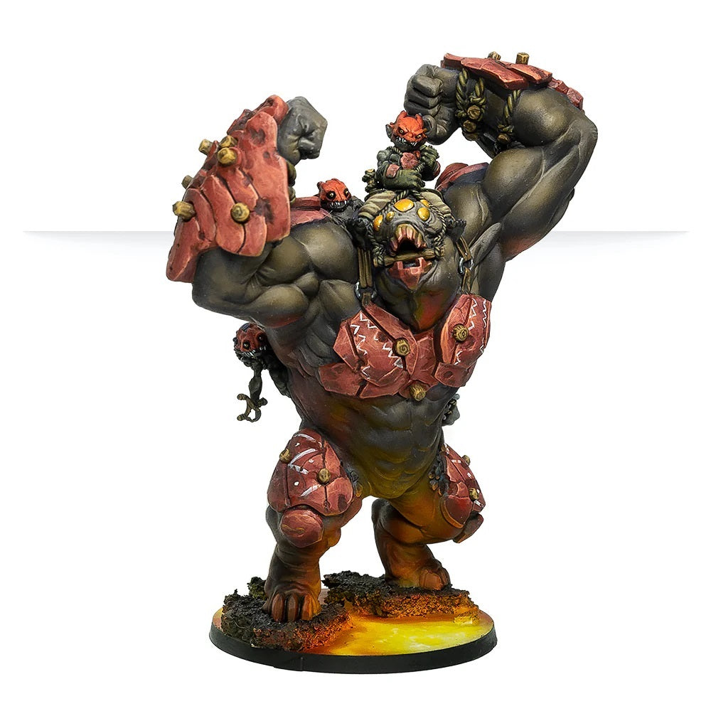 Highly detailed miniature of an armoured, flexing dark brute, carrying several small red imp riders