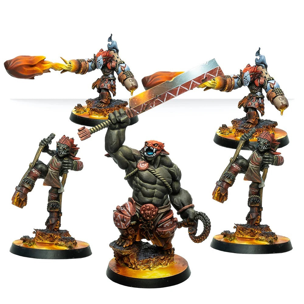 Five detailed tabletop miniatures: A muscular ogre raising a giant sword, flanked by four fire-wielding figures
