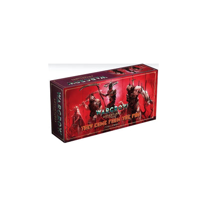 Warcrow Adventures: They Came From The Fog game box, showing fantasy warriors on a deep red background