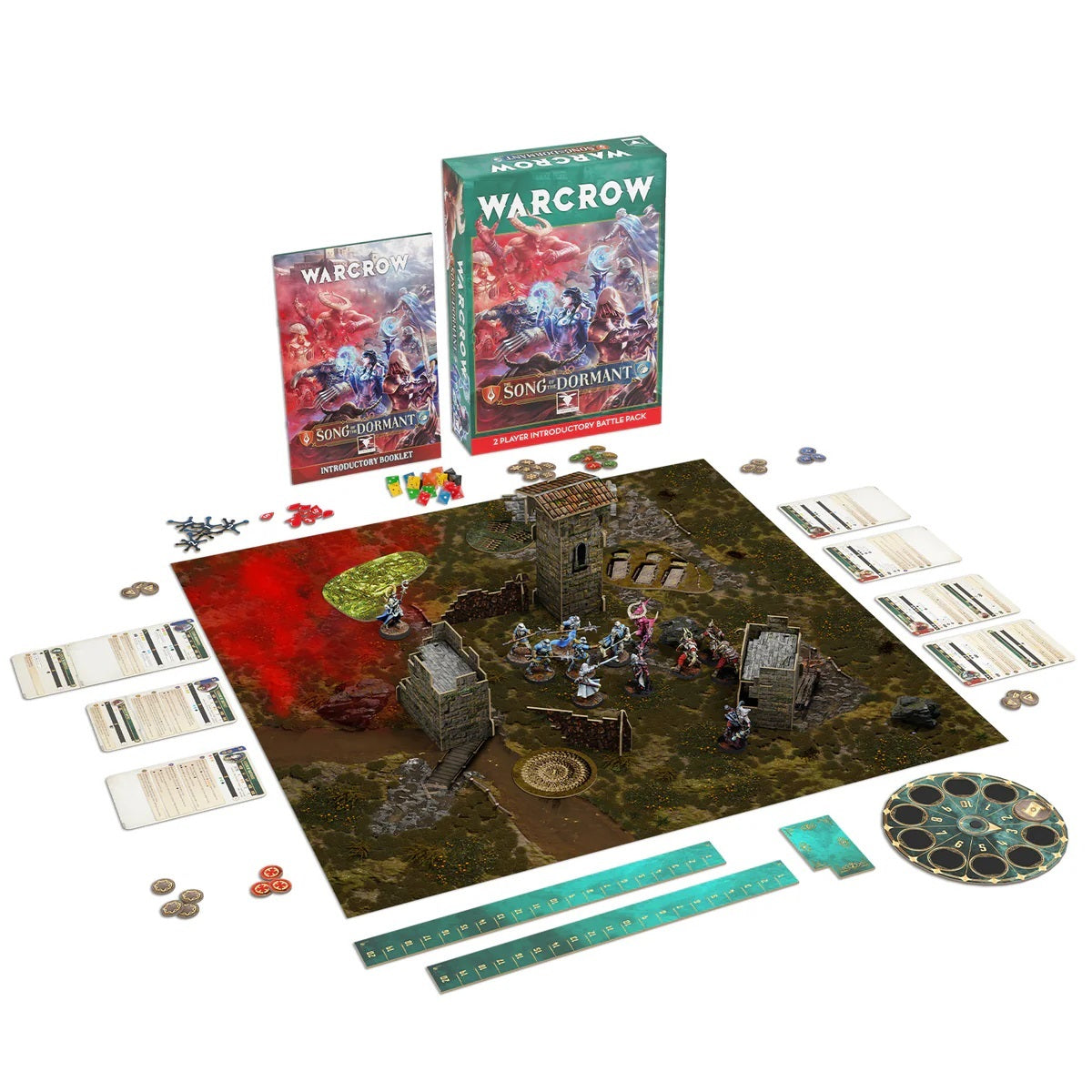 WARCROW miniature wargame starter set: battle mat, terrain, fighting miniatures, rulebook, cards and components