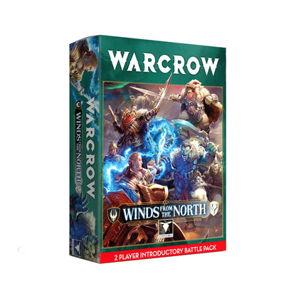 Warcrow: Winds from the North wargame box showing armoured heroes fighting monsters amidst blue magical energy