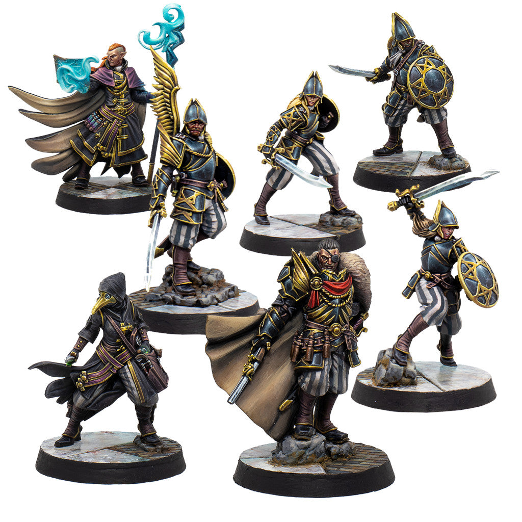 Seven painted tabletop miniatures of a fantasy warband in black and gold armor, wielding swords, shields and a staff