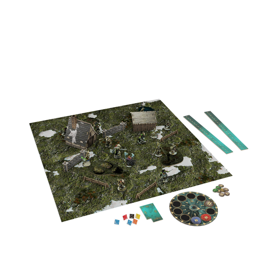 Tabletop wargame setup with terrain mat, miniature figures, buildings, measuring rulers and game tokens