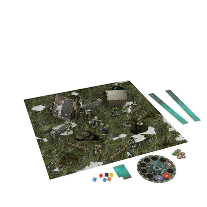 Tabletop wargame setup with terrain mat, miniature figures, buildings, measuring rulers and game tokens