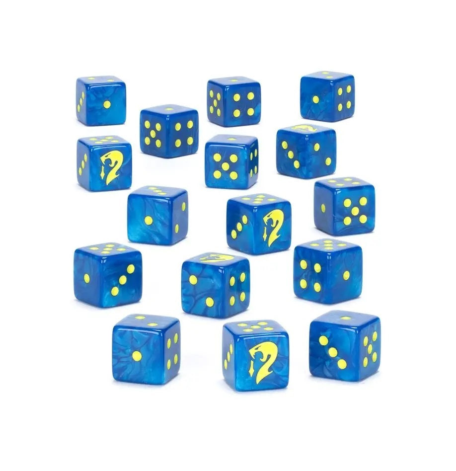 Blue swirl D6 dice set with yellow pips and a stylized serpent symbol, scattered on a white background