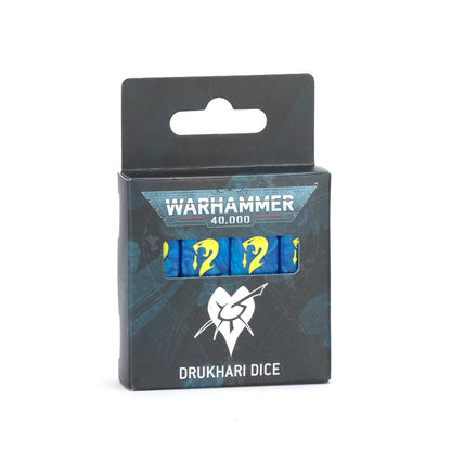 Warhammer 40k Drukhari dice set in packaging. Blue dice display yellow faction symbols
