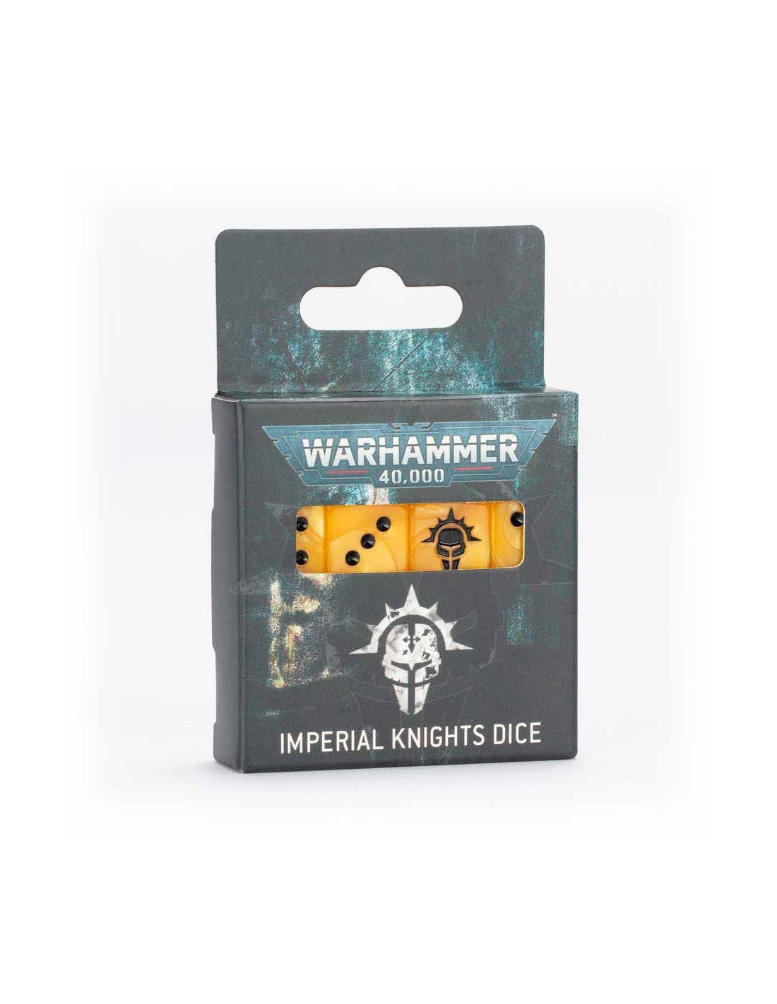 Warhammer 40k Imperial Knights Dice set in packaging, Yellow dice visible, showing the black skull icon