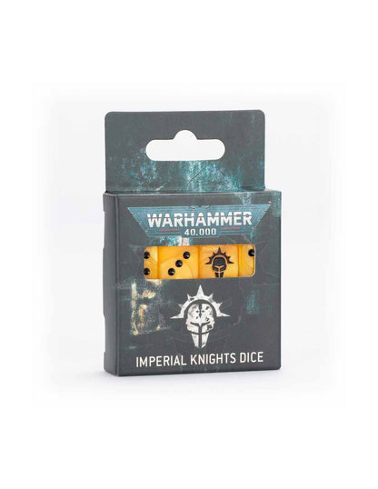 Warhammer 40k Imperial Knights Dice set in packaging, Yellow dice visible, showing the black skull icon