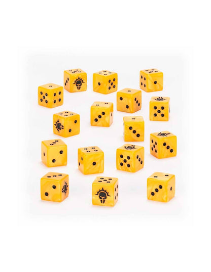 Set of 15 translucent yellow marbled dice with black pips and a custom helmet insignia