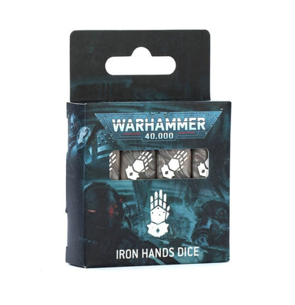 Boxed set of Warhammer 40k Iron Hands dice, grey and black with white mechanical hand symbols