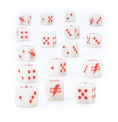 White gaming dice with red pips and lightning bolt symbols, arranged in a grid
