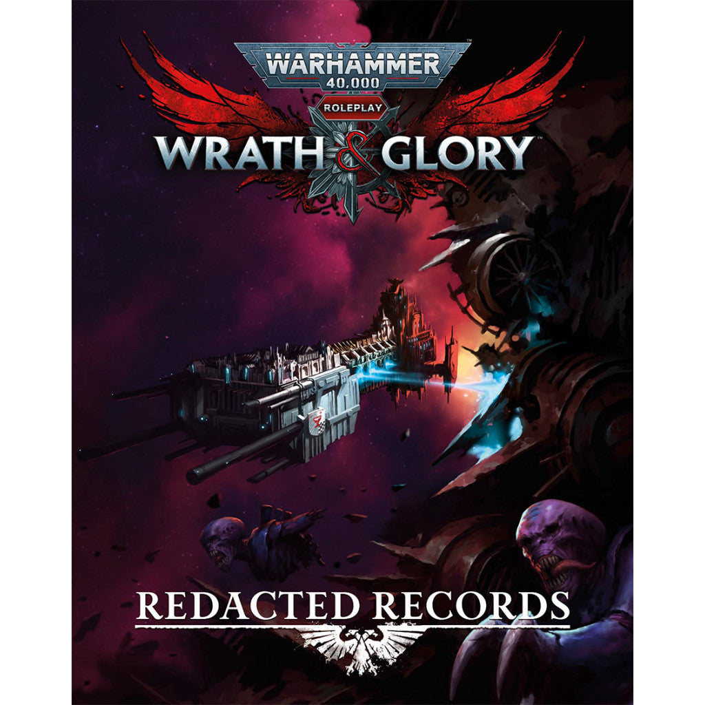 Warhammer 40,000 Wrath and Glory cover shows a spaceship, wreckage, and grotesque aliens in deep space
