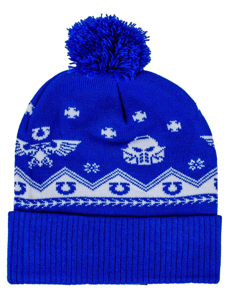 A blue knit beanie with a pom-pom, featuring white Warhammer 40K patterns: Imperial Aquila, Space Marine helmet, and symbols