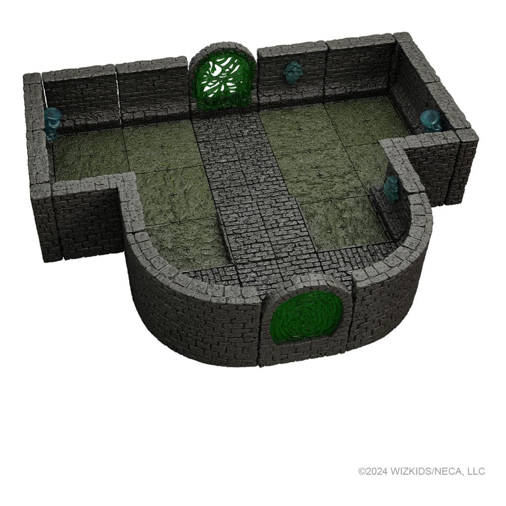 A modular stone dungeon terrain with green ground, a stone path, two glowing green portals, and four blue lights