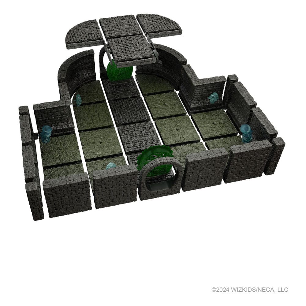 Modular dark grey dungeon floor and walls, with green mossy sections, two arches, and an elevated bridge