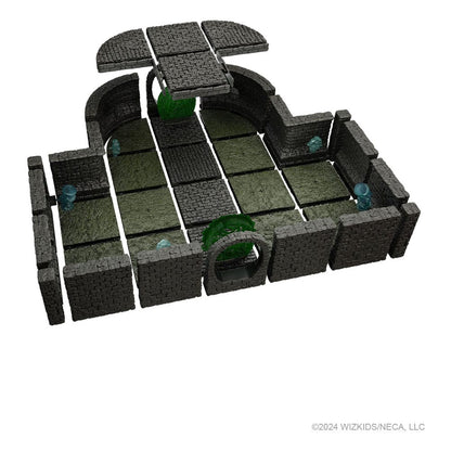 Modular dark grey dungeon floor and walls, with green mossy sections, two arches, and an elevated bridge